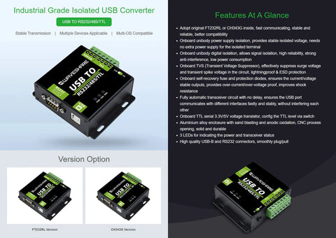 Rugged USB To RS232 RS485 TTL Isolated Converter With FT232RL Protection Aluminum Enclosure Built For Tough Industrial Control Panels And Equipment In Harsh Environments, black metal case