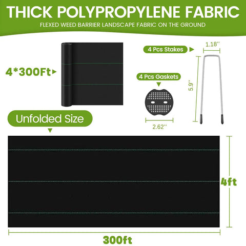 Heavy Duty 4 Ft By 300 Ft Weed Barrier Landscape Fabric Three Point Two Ounce Ground Cover Mat With High Permeability And Breathability Woven Garden Cloth For Underlayment And Driveways Garden Bed Weed Control with dimensions and stakes visible