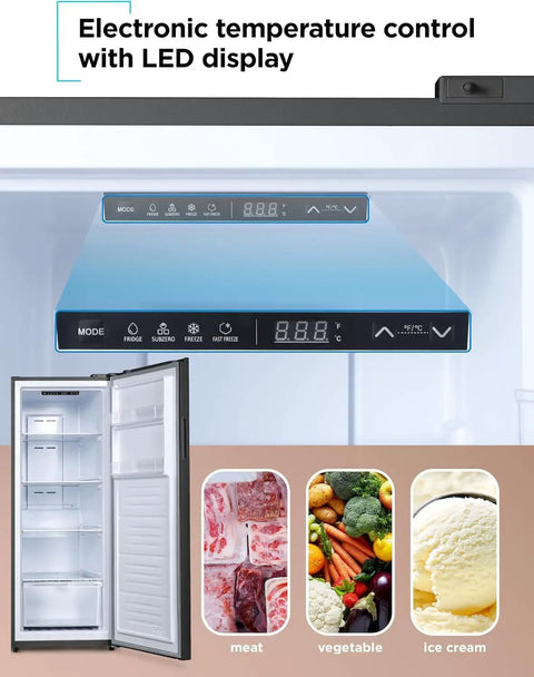Electronic temperature control panel of 11 Cu Ft Convertible Freezer Refrigerator With Frost Free Cooling And Glass Shelves In Classic Black.