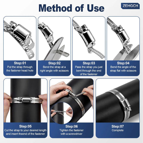 DIY Adjustable Stainless Steel Hose Clamp Kit With 25 Pieces, Heavy Duty Worm Gear Clamps use instructions and assembly steps.