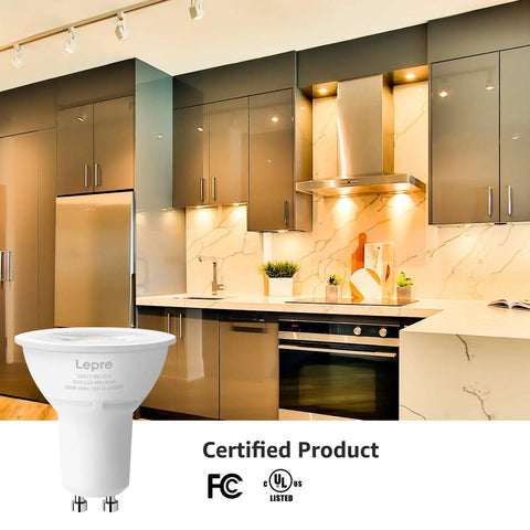 GU10 LED Bulbs Dimmable 5.5W 3000K Soft Warm Light 50W Halogen Equivalent in modern kitchen with recessed lighting