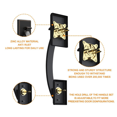 Diagram of Oil Rubbed Bronze Double Door Handle Set with Dummy and Single Cylinder Deadbolt, showing internal zinc alloy components.