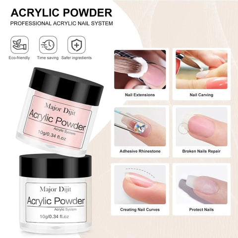 Three Color Acrylic Nail Powder Starter Kit With Electric Nail Drill And UV Light Pro Tools Set Including Nail Forms Files Buffers Brush And Decor For Beginners Home Salon Gift Clear White Nude showing acrylic powder jars and nail uses