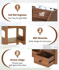Image showing features of Double Golf Bag Storage Rack For Two Full-Size Bags: ball organizer, MDF materials, protective drawer design.