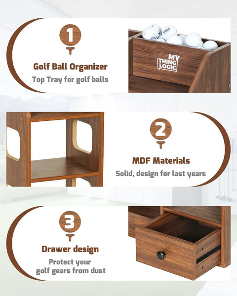 Image showing features of Double Golf Bag Storage Rack For Two Full-Size Bags: ball organizer, MDF materials, protective drawer design.