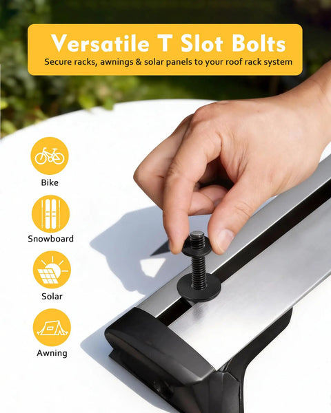 Hand fastening T Slot Bolts for Roof Rack Cross Bars and T Track Adapters, 4mm thick stainless steel, on vehicle roof rail.