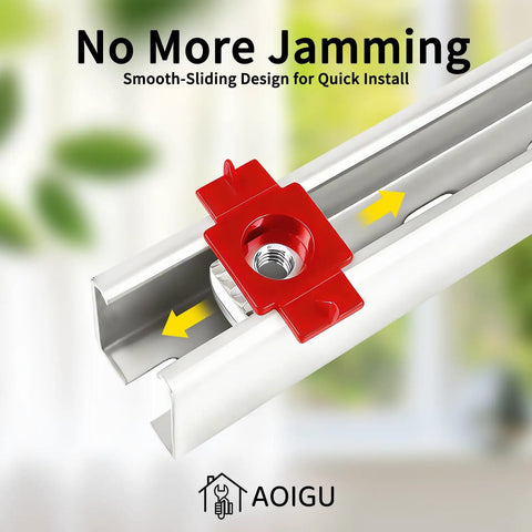 Red Galvanized 1/4 20 Unistrut Channel Squeeze Nuts With Twist Tab Smooth Glide 100 Pack Tool Free One Hand Solar Mounting Hardware for Strut Channels, shown in smooth sliding design.