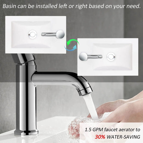 Compact 16 Inch Wall Mounted Vanity with Sink in Black Finish space saving bathroom cabinet set, chrome faucet, hands washing