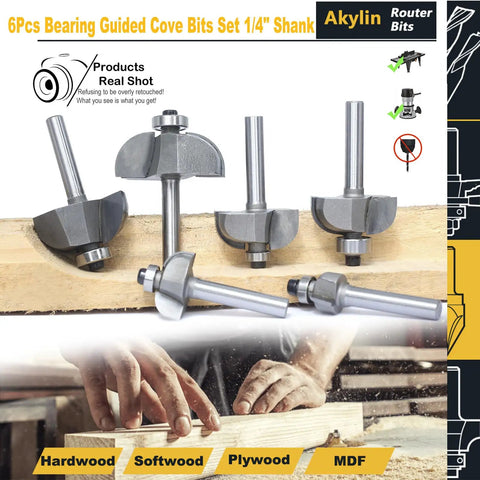 Pro Grade Six Piece Cove Router Bit Set With Quarter Inch Shank includes precision cutters for woodworking on various materials