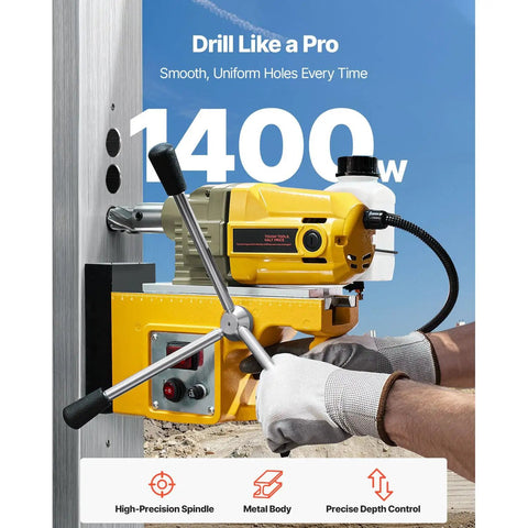 Kickass Magnetic Drill Press With 1400W Copper Motor, features high-precision spindle and metal body for drilling.