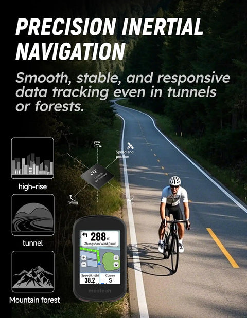 Cyclist using Avant 700 GPS Bike Computer with 2.8 inch touchscreen and dual band satellite tracking, navigating forest road.