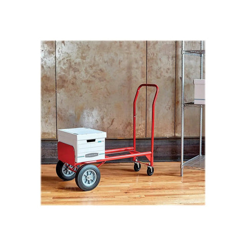 Heavy Duty Two Way Convertible Hand Truck Transforms Into Four Wheel Platform Dolly With Six Hundred Pound Capacity Welded Steel Frame Swivel Casters And Power Grasp Handles Built Damn Tough For Heavy Lifting Hustle In Bright Red