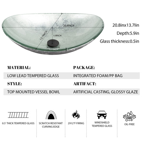 Artistic Tempered Glass Vessel Sink Set With Above Counter Design Round Modern Bowl Matte Black Waterfall Faucet And Pop Up Drain Oval Silver Finish Hand Painted Pattern For A Bold Contemporary Bathroom, round and clear dimensions specified