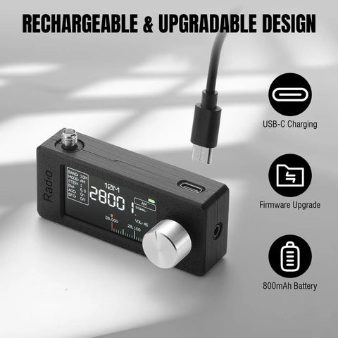 All-Band DSP Radio With Si4732 Chip, pocket size model, showing USB-C charging cable and 1.9-inch color screen features.