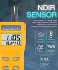 Must Have Handheld CO2 Meter With Alarm 0 To 9999ppm Carbon Dioxide Detector with digital display showing measurements and buttons