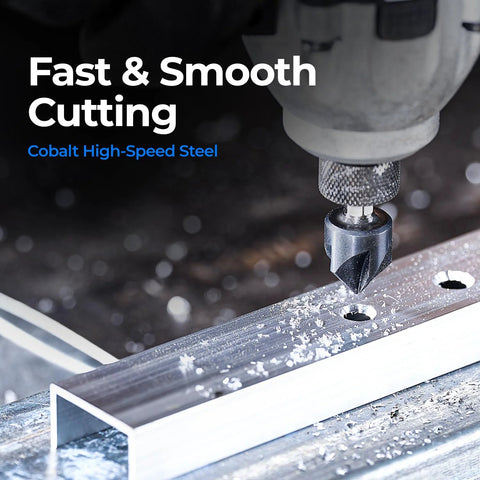 toolant Noir-Ti cobalt countersink drill bit installed in a drill chuck cutting metal