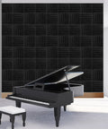 50 Pack Pyramid Acoustic Foam Panels 2 By 12 By 12 Inches for walls, studio-grade soundproofing behind piano in room.