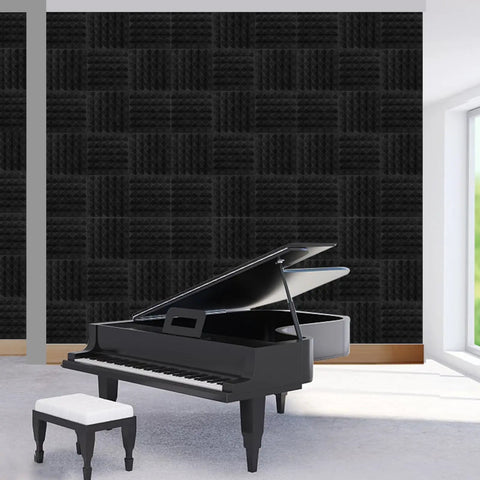 50 Pack Pyramid Acoustic Foam Panels 2 By 12 By 12 Inches for walls, studio-grade soundproofing behind piano in room.
