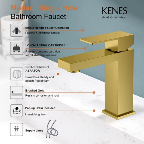 Brushed Gold Bathroom Faucet With Single Hole Lavatory Vanity, Modern Single Handle Sink Faucet Gold, Includes Pop Up Drain And Water Supply Hoses LJ-9031-4 image showing square-shaped design with handle.