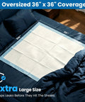 Heavy Duty Extra Large Disposable Bed Pads 36X36 Inches 100 Count Beast Level Absorbency Waterproof Underpads for adult incontinence and dog training shown on bed.