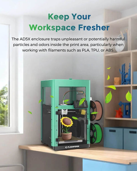 AD5X 3D Printer Enclosure Kit With Constant Temperature Module For Stable Prints, shown in a workshop setting with green frame.