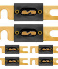 Heavy Duty Gold Plated ANL Fuses 200 Amp 6 Pack For Cars Trucks Boats And Motorcycles, showcasing individual fuses with gold contacts.