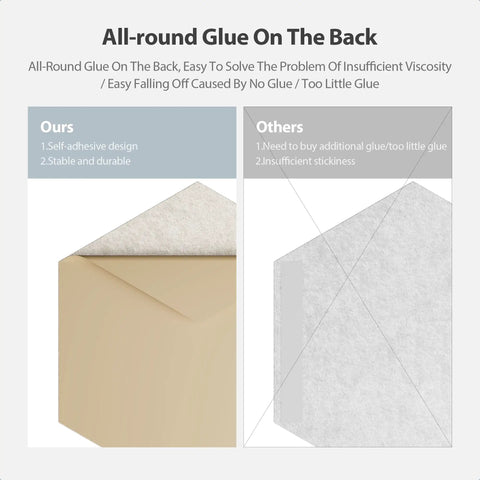 Comparison of adhesive backing for 12 Pack Hexagon Acoustic Panels Self Adhesive Sound Proof Foam Beige, highlighting superior glue.