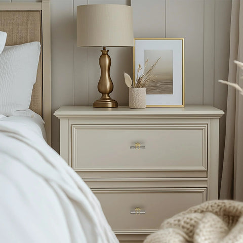 Bedroom dresser with Brushed Nickel And Brushed Brass Cabinet Knobs And Handles, decorative hardware complementing modern decor