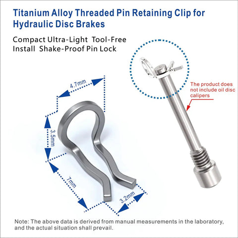 Titanium alloy pin retaining clip with dimensions, tool-free install. Product: Ten Pcs M4 Titanium Disc Brake Pad Retaining Clips For MTB And XC Bikes Ultra Lightweight Yet Tough Corrosion And Heat Resistant Anti Loosen Clip System With Spring Clip And Lock Ring For Secure Fit.