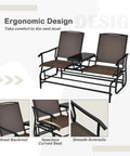 Two Person Cozy Outdoor Swing Glider Chair With Center Tempered Glass Table Patio Rocking Loveseat On Sturdy Steel Frame With Breathable Mesh Cushions For Porch Balcony Or Poolside Brown Finish, ergonomic design