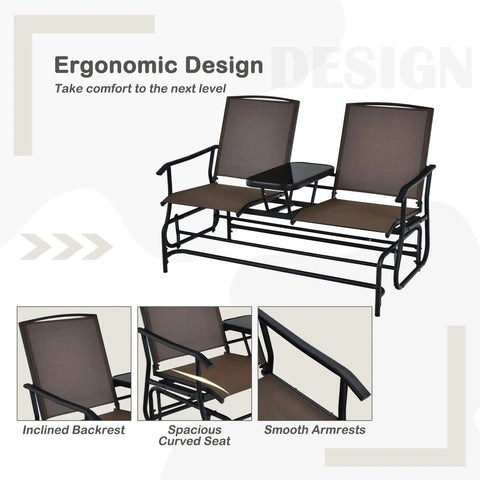 Two Person Cozy Outdoor Swing Glider Chair With Center Tempered Glass Table Patio Rocking Loveseat On Sturdy Steel Frame With Breathable Mesh Cushions For Porch Balcony Or Poolside Brown Finish, ergonomic design