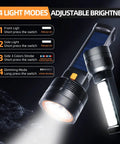 Two Pack LED Rechargeable Flashlights Solar Powered With USB C Backup Beast Bright 100000 Lumens Waterproof Lights showing modes