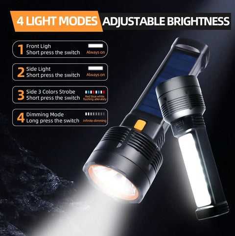 Two Pack LED Rechargeable Flashlights Solar Powered With USB C Backup Beast Bright 100000 Lumens Waterproof Lights showing modes
