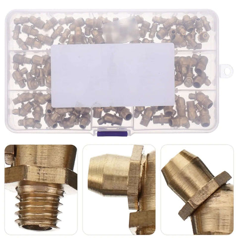 Totority Sturdy Copper Grease Fittings Kit 106 Pieces With M6 M8 M10 Nipples And Angled Noses For Automotive Repairs Not Easy To Rust Or Deform, brass fittings in organizer