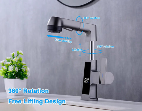 LED Bathroom Faucet With Pullout Sprayer Grey Digital Temperature Display on countertop showing 360° rotation and lifting design.