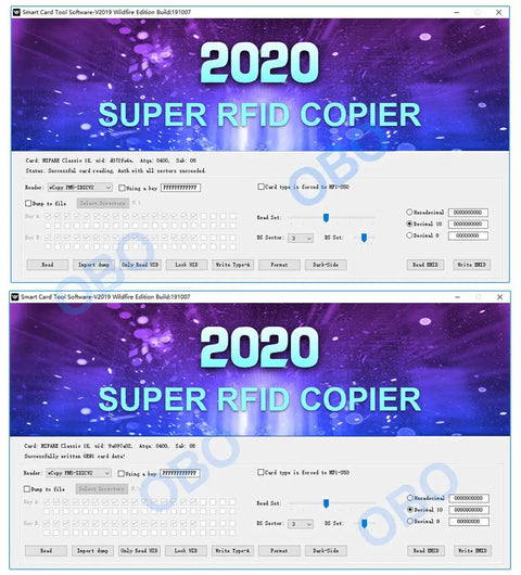 Screenshot showing RFID And NFC Duplicator Kit For Easy Card Cloning With 125KHz Key Fob Copier and software interface.