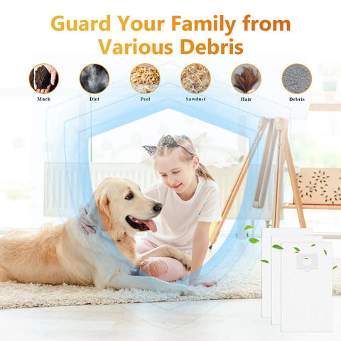 Child and dog protected by 5 Layer HEPA Cloth Vacuum Bag Replacement For Canister Vacuums from debris indoors