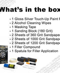 Top Shelf Gloss Silver Wheel Scratch Repair Kit includes touch-up paint, sandpaper, filler, tape, and applicator.