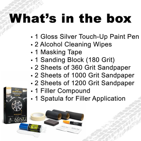 Top Shelf Gloss Silver Wheel Scratch Repair Kit includes touch-up paint, sandpaper, filler, tape, and applicator.
