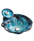 USZWBY Bathroom Vessel Sink, Countertop Sink Bowl Tempered Glass Vanity Sink Bowl with a textured blue design and drain combo.