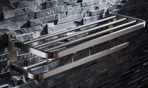 Stainless Steel Towel Rack With Double Towel Bar And Hooks For Bathroom Wall Mounted Shelf Slick Space Saving Foldable Brushed Nickel Finish Heavy Duty All In One Multifunctional Storage Organizer Rustproof 304 Stainless Steel Construction mounted on dark stone wall