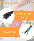 Close-up of 9.8ft 12 Gauge Heavy Duty Replacement Power Cord For Tools And Home Gear with NEMA 5-15P male end and pigtail end.