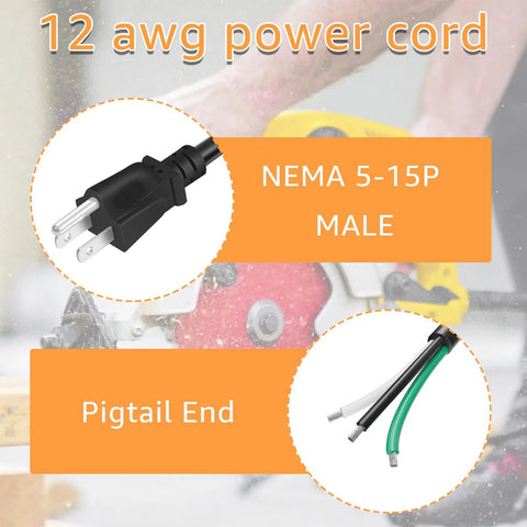 Close-up of 9.8ft 12 Gauge Heavy Duty Replacement Power Cord For Tools And Home Gear with NEMA 5-15P male end and pigtail end.