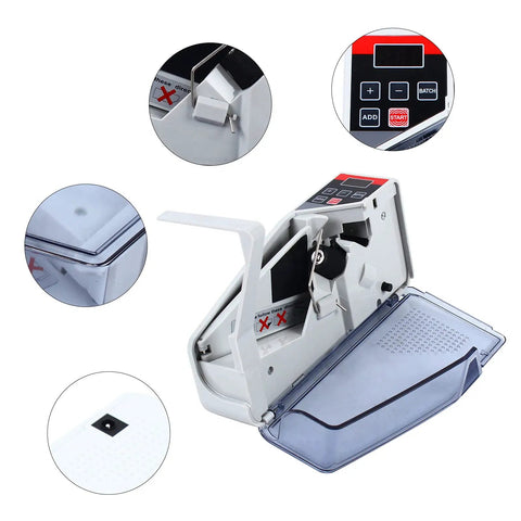 On The Go Mini Money Counter For Multi Currency Banknotes With Handy Carry Case showing details and buttons, compact and portable design