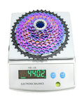 Ultra Light 10 Speed Mountain Bike Cassette 11-42T weighing 440.2g on scale, nickel-plated steel cogs, aluminum body