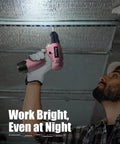 Pink 12V Cordless Drill And Driver Set With 21 Bits For Women, No Sweat Power Screwdriver For DIY Home Repairs, Smooth Operator Variable Speed Hand Tool Kit in use with LED light.