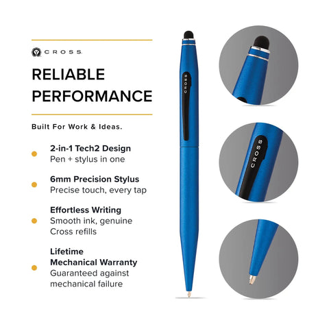 Tech2 Metallic Blue All In One Ballpoint Pen With Built In Stylus, Medium Point, Black Ink, Smooth Glide Write, Ergonomic Grip, Durable Metal Body For Everyday Carry, blue pen close-up