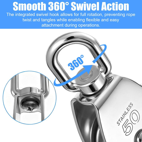 Close-up of 2 Pack Stainless Steel Snatch Block With Swivel Hook showcasing 360° rotation feature and M50 2 Inch Sheave.