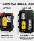 Heavy Duty Outdoor Electrical Box Enclosure 2 Pack Waterproof GFCI Adapter Cover For Power Strips And Extension Cords Built Like A Tank To Give You Rock Solid Weather Protection Always. Comparison image showing standard box vs premium box capacity.
