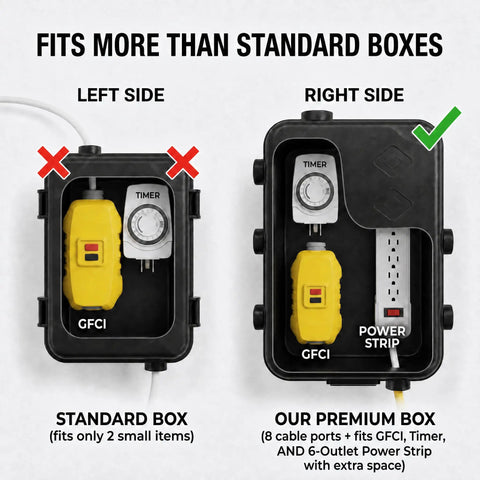 Heavy Duty Outdoor Electrical Box Enclosure 2 Pack Waterproof GFCI Adapter Cover For Power Strips And Extension Cords Built Like A Tank To Give You Rock Solid Weather Protection Always. Comparison image showing standard box vs premium box capacity.